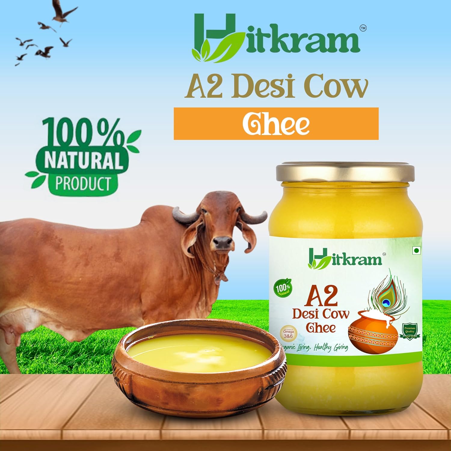 Pure Organic A2 Desi Cow Ghee By Hitkram | Homemade Healthy Fresh Desi Ghee Hand-Churned Using Traditional Bilona Method Good For Joint Pain | (500ml) 16.9 | Jar Pack Pure Organic A2 Desi Cow Ghee By Hitkram | Homemade Healthy Fresh Desi Ghee Hand-Churned Using Traditional Bilona Method Good For Joint Pain | (500ml) 16.9 | Jar Pack