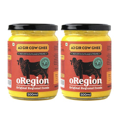 Premium A2 Gir Cow Ghee By oRegion | Vedic Bilona Method, Curd Churned Desi Cow Ghee For Protact Eyesight | 1 Litre (500ml * 2) 33.8 Ounce | Jar Pack