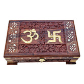 Wooden Om Box For Good Luck, Jewellery Box, Decorative Case, Kit, Vanity Organiser For Women, Necklaces, Cash, Gold 10 x 6 Passe Engraved, Colour - Brown