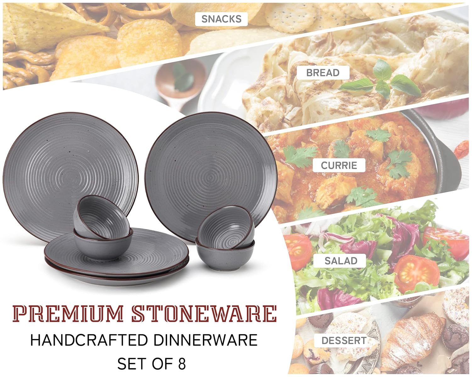 Hand Painted Stoneware Dinner Set Of 4 - Ceramic Pack Of 8 Pcs, Grey | 4 Dinner Plates + 4 Bowl Or Katori, 180ml Each - Microwave & Dishwasher Safe | Serving For 4 Hand Painted Stoneware Dinner Set Of 4 - Ceramic Pack Of 8 Pcs, Grey | 4 Dinner Plates + 4 Bowl Or Katori, 180ml Each - Microwave & Dishwasher Safe | Serving For 4