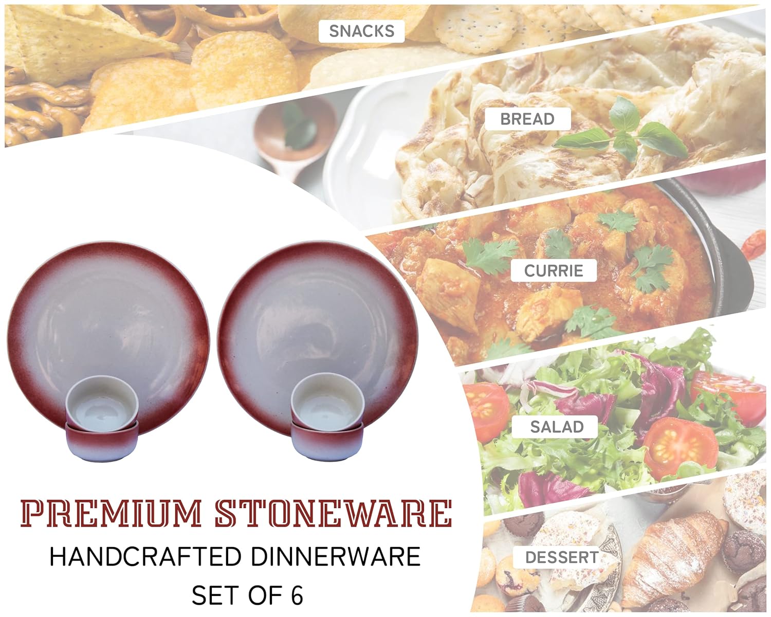 Handcrafted Ceramic Stoneware Dinner Set - Pack Of 6 Pcs, Off White & Red | 2 Dinner Plates, 10 Inch Each + 4 Dinner Katori, 180ml Each - Microwave & Dishwasher Safe Handcrafted Ceramic Stoneware Dinner Set - Pack Of 6 Pcs, Off White & Red | 2 Dinner Plates, 10 Inch Each + 4 Dinner Katori, 180ml Each - Microwave & Dishwasher Safe