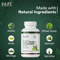 Inlife Plant Based Vitamin B12 Supplements For Men & Women | Supports Nerve Health & Brain Health | B12 From Spirulina Extract | 120 Vegetarian Capsules , 200gm 0.4lbs , Each Pack Of 2