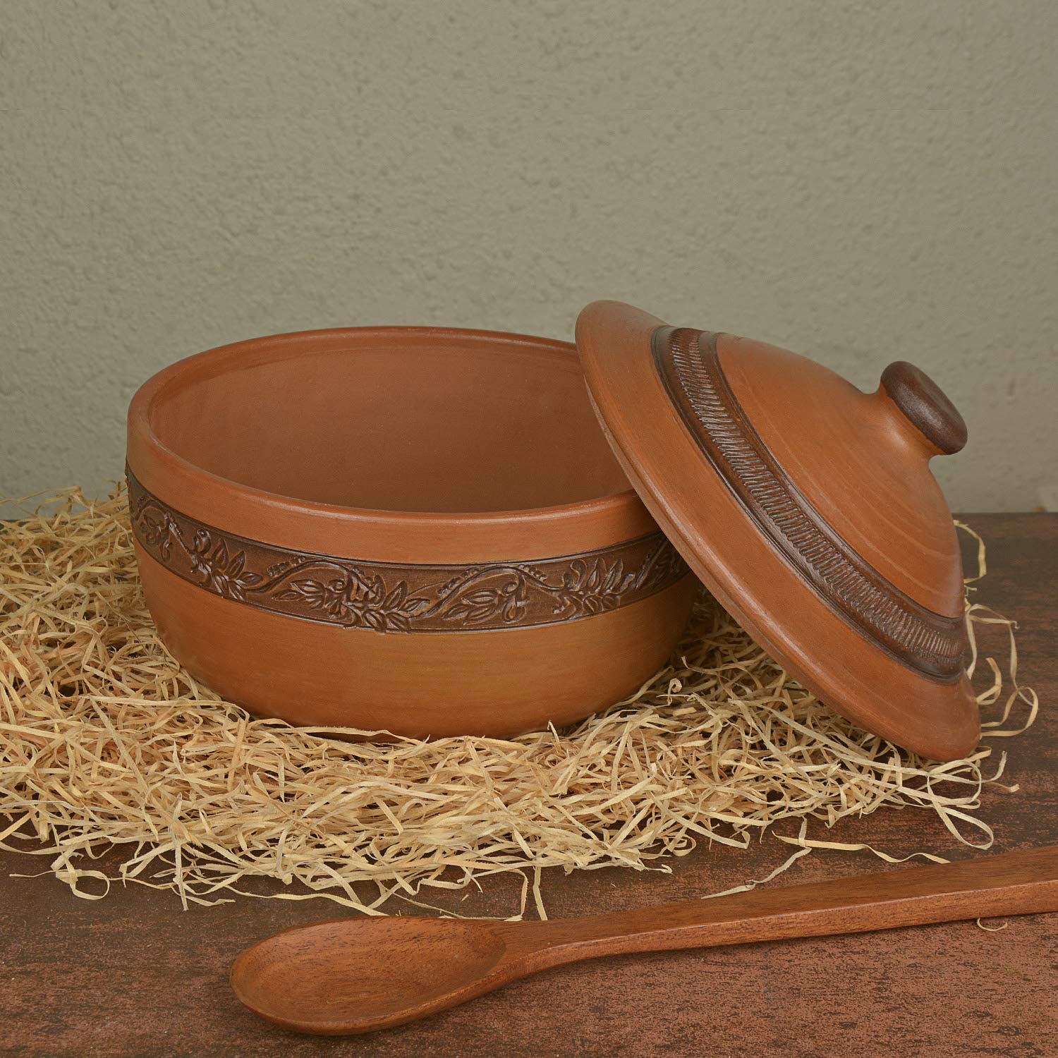 Handcrafted Ornately Designed Earthenware Bowl With Lid - Brown, 1.8 Liters | Clay Casserole With Lid - Cooking & Serving Pot Handcrafted Ornately Designed Earthenware Bowl With Lid - Brown, 1.8 Liters | Clay Casserole With Lid - Cooking & Serving Pot