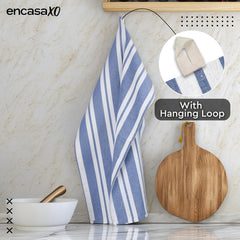 Encasa Xo Kitchen Cooking Cloth 340 Gsm | Cotton Hand Towel For Drying Dishes Highly Absorbent Cleaning & Quick Drying Of Plates | Franca Blue Stripes (Set Of 4)