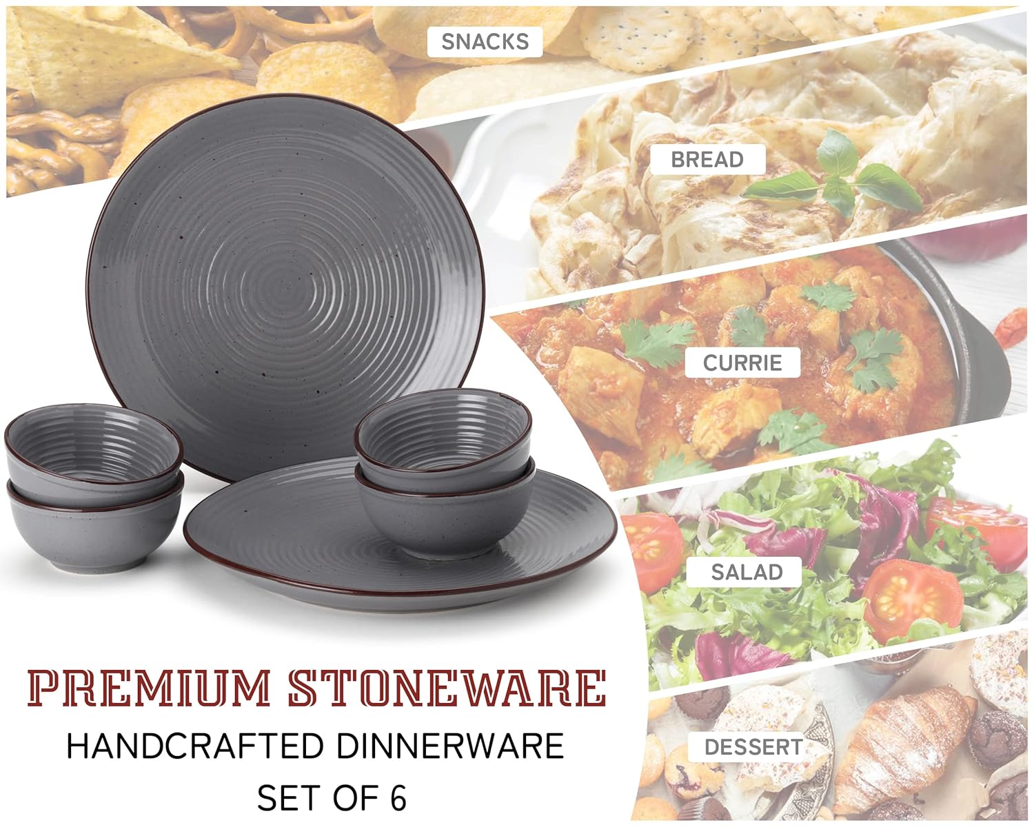Hand Painted Ceramic Stoneware Dinner Set - Pack Of 6 Pcs, Grey | 2 Dinner Plates, 10 Inch Each + 4 Dinner Katori, 180ml Each - Microwave & Dishwasher Safe Hand Painted Ceramic Stoneware Dinner Set - Pack Of 6 Pcs, Grey | 2 Dinner Plates, 10 Inch Each + 4 Dinner Katori, 180ml Each - Microwave & Dishwasher Safe