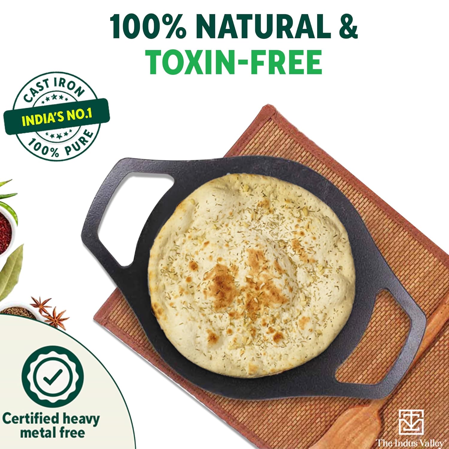Pre-Seasoned Black Cast Iron Concave Tawa With Double Handle - 24cm, 9.4 Inch, 1.4 Kg | Gas Compatible, Naturally Nonstick, 100% Pure & Toxin-Free, No Chemical Coating Pre-Seasoned Black Cast Iron Concave Tawa With Double Handle - 24cm, 9.4 Inch, 1.4 Kg | Gas Compatible, Naturally Nonstick, 100% Pure & Toxin-Free, No Chemical Coating