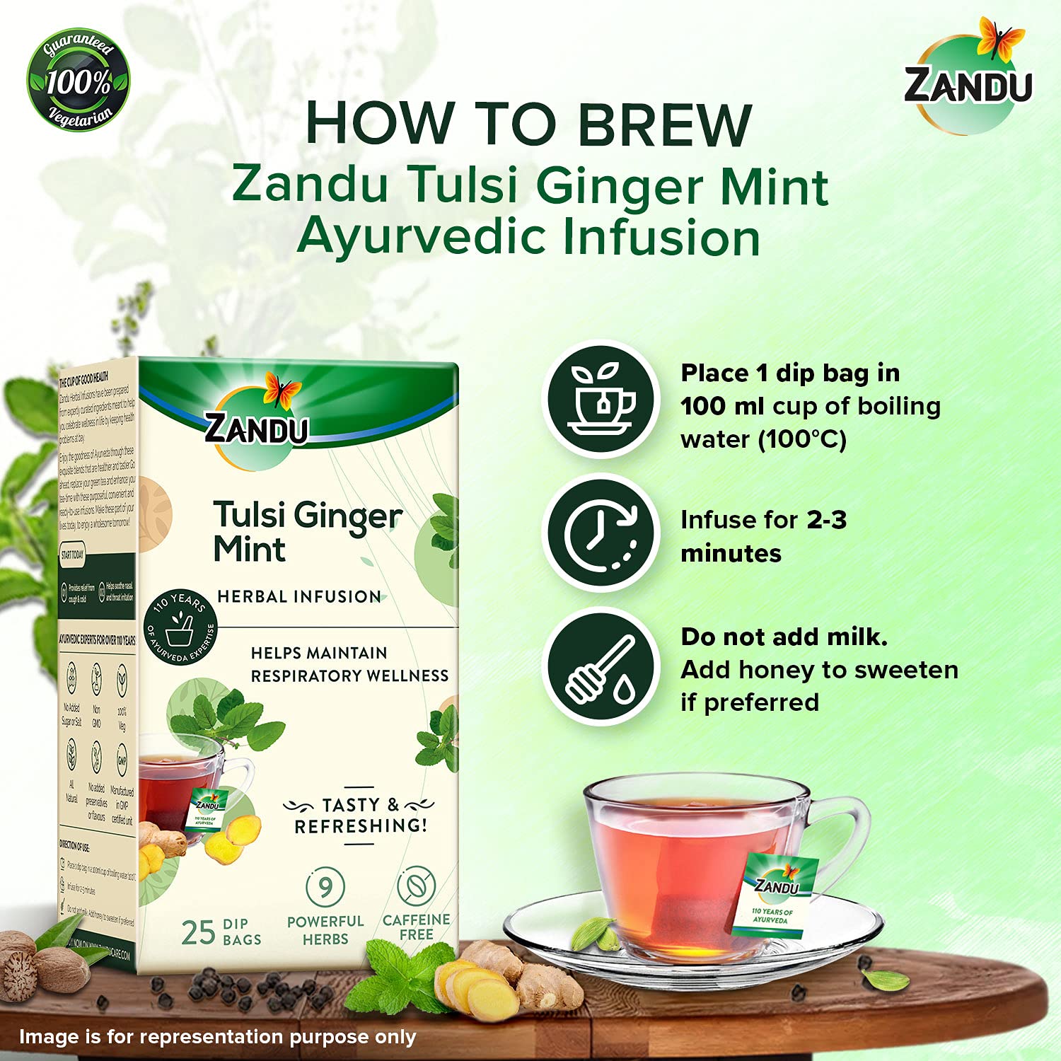 Zandu Tulsi Ginger Mint Herbal Infusion Tea - 25 Tea Bags | Maintains Respiratory Wellness - Soothes Nasal & Throat Irritation | Enriched With 9 Powerful Herbs - Caffeine Free Zandu Tulsi Ginger Mint Herbal Infusion Tea - 25 Tea Bags | Maintains Respiratory Wellness - Soothes Nasal & Throat Irritation | Enriched With 9 Powerful Herbs - Caffeine Free