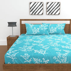 King Size Double Bedsheet With 2 Pillow Covers For Home - 72 X 72 Inches, Aquamarine Blue | Elastic Fitted Bedsheet With Deep Pocket Cotton Bedsheet - Soft, Breathable & Wrinkle-Resistant