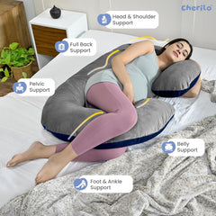 C Shaped Pregnancy Pillow For Pregnant Women & Nursing Mom, Grey & Navy Blue | Full Body Support, Single Pillow For Multipurpose Use During Maternity | Premium Velvet Outer Cover With Zip