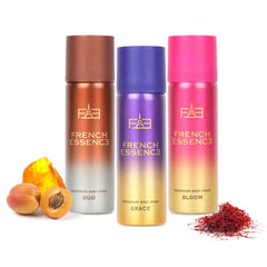 French Essence Deodorant Spray Perfume/deodorant For Women/Women Deo/ Body Spray Long Lasting Fragrance, Fresh Scent Deo, Pack Of 3 X 50ml, 1.7 Fl.oz. Each Bloom, Oud And Aura