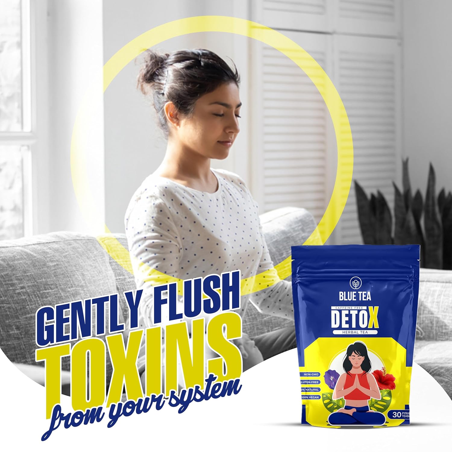 Blue Tea Caffeine Free Detox Herbal Tea - 30 Pyramid Tea Bags In Zip Lock Pack | Improves Digestion, Clear & Smooth Skin - Gluten Free, Non GMO Blue Tea Caffeine Free Detox Herbal Tea - 30 Pyramid Tea Bags In Zip Lock Pack | Improves Digestion, Clear & Smooth Skin - Gluten Free, Non GMO