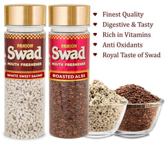 Panjon Swad White Sweet Saunf & Roasted Alsi Mouth Fresheners 230gm, (115gm *2 Bottles)