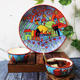Exotic Panorama Hand Painted Ceramic Dinner Set - 3 Pieces, Multicolor | 1 Dinner Plate + 2 Katori Bowls, 180ml Each Dinnerware Set | Serving For 1, Microwave Safe & Dishwasher Safe