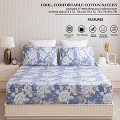 Double Size Elastic Fitted Bedsheet With 2 Pillow Covers - (72 X 72 Inches, Blue & White) | Wrinkle Free Bed Sheets | Perfect For Home Decor & Gifting