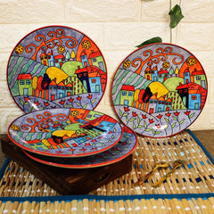 Exotic Panorama Ceramic Dinner Plates Set Of 4 - 10 Inches, 4 Pieces, Multicolor | Hand Painted Full Ceramic Plates For Dinner - Microwave Safe & Dishwasher Safe