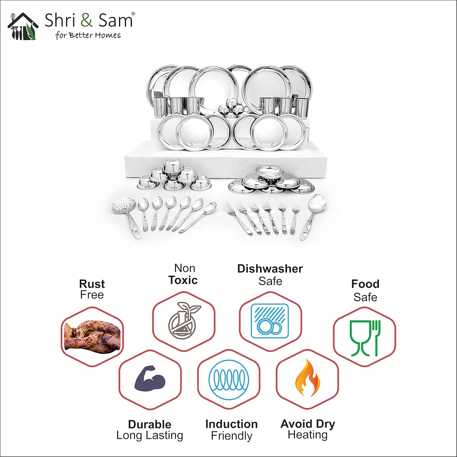 Stainless Steel Delight Solid Dinner Set Of 50 Pieces, Silver | Easy To Clean & Dishwasher Safe Stainless Steel Delight Solid Dinner Set Of 50 Pieces, Silver | Easy To Clean & Dishwasher Safe