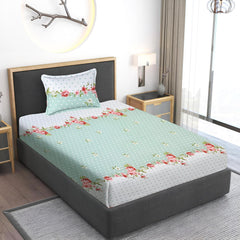 Printed Single Bedsheet Size With 1 Pillow Cover - 60 X 90 Inches, White & Green | Cotton Wrinkle Free Soft, Breathable | Durable & Long-Lasting