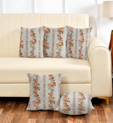 Microfiber Square Pillow Cushion For Sofa & Bed, Grey Color - 12 X 12 Inch | Printed - Brown Flower, Fluffy, For Comfort & Back Support | Breathable, Premium Cotton Cushion Cover - Set Of 5