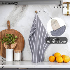 Encasa Xo Kitchen Cooking Cloth 340 Gsm | Cotton Hand Towel For Drying Dishes Highly Absorbent Cleaning & Quick Drying Of Plates | Roma Grey Stripes (Set Of 4)