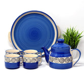 Hand Painted Blue Swirl Tea Set With Kettle | Ceramic Tea Kettle Set With 4 Cups, 150ml Each + 1 Kettle, 700ml + 1 Tray | 6 Pieces - Microwave Safe & Dishwasher Safe