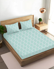 King Size Fitted Bedsheet With 2 Large Pillow Covers - 108 X 108 Inches, Sea Green & White | Soft, Breathable & Durable | Wrinkle Resistant