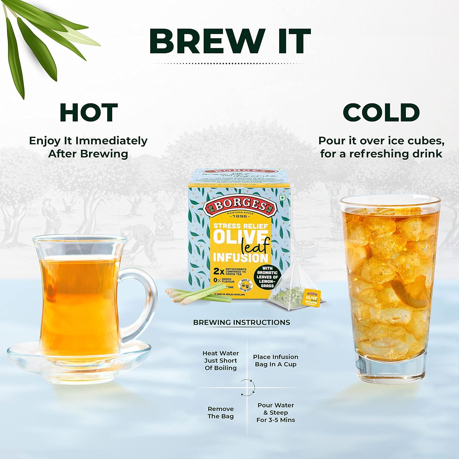 Borges Stress Relief Olive Leaf Infusion Tea - 10 Bags In Sealed Envelope | 2X Antioxidants Than Green Tea - With Aromatic Leaves Of Lemongrass | Caffeine Free, No Added Flavor Borges Stress Relief Olive Leaf Infusion Tea - 10 Bags In Sealed Envelope | 2X Antioxidants Than Green Tea - With Aromatic Leaves Of Lemongrass | Caffeine Free, No Added Flavor