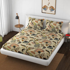 Premium Heavy Cotton Elastic Fitted Bedsheets With 2 King Size Pillow Covers | 72 X 78 Inches, Beige - Double Bed With All Around Elastic | 350 Thread Count