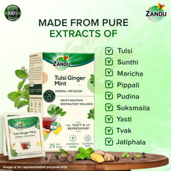 Zandu Tulsi Ginger Mint Herbal Infusion Tea - 25 Tea Bags | Maintains Respiratory Wellness - Soothes Nasal & Throat Irritation | Enriched With 9 Powerful Herbs - Caffeine Free