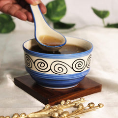 Blue Swirl Hand Painted Handled Ceramic Soup Bowls With Spoons Set Of 2 - 300ml Each | Serving Bowls With Matching Spoons | Ceramic Soup Cups - 2 Pieces, Microwave Safe & Dishwasher Safe