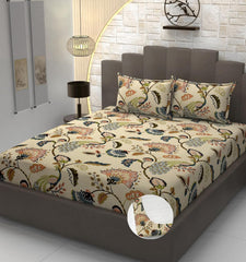 Premium Heavy Cotton Elastic Fitted King Size Bedsheet With 2 Pillow Covers - 72 X 78 X 10 Inches, Beige | All Weather Comfort & Bedroom
