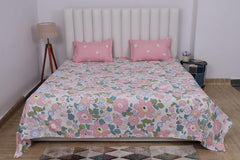 Elastic Fitted Bedsheets For King Size Bed With 2 Pillow Covers - 100 X 108 Inches, Cream & Pink | Ideal For Hotel, House, Guest House