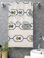Mafatlal Madhuban Premium Waffle Cotton 1 Bath & 4 Hand Towel 900 Gsm | Hand Block Printed Floral Design Towel (Horizon Blue) - 5 Pcs