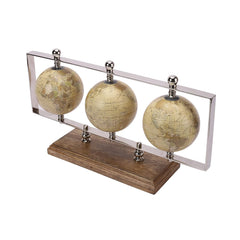 Triple Horizontal Globe Set Decorative Globes With Stand, Accessories For Table, Desk For Office, Shelves, Gifting, Home Decor (Silver/Mango Wood) Pack Of 1