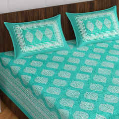 Jaipuri Traditional Queen Size Double Bedsheet With 2 King Size Pillow Covers - 90 X 100 Inches, Sea Green & White | Unique Design & Color Combination Perfectly Suits To Your Bedroom