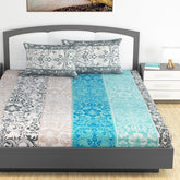 100% Cotton Double Bedsheet For King Size With 2 Pillow Covers | 108 X 108 Inches, Grey & Blue - Perfect For Home, Guest House, Hotel | Soft, Breathable & Comfortable