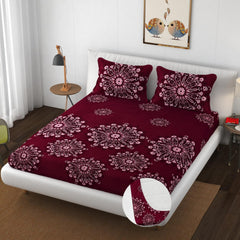 Premium Heavy Cotton Elastic Fitted Bedsheets With 2 King Size Pillow Covers | 72 X 78 Inches, Maroon - Double Bed With All Around Elastic | 350 Thread Count