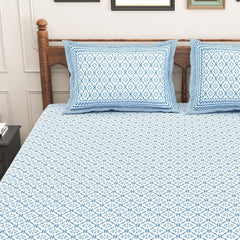 Pure Cotton King Size Bedsheet 2 Matching Pillow Covers | 100x108 Inches, White & Sky Blue | Traditional Jaipuri Printed Bedsheet | Ideal Wedding Gift, Housewarming, Special Occasion Surprise