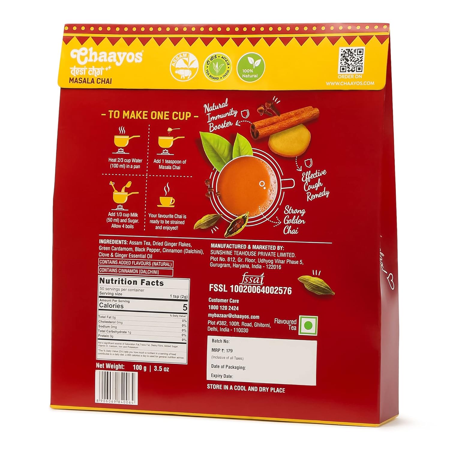 Chaayos Desi Masala Chai - 100gm, 3.5 Ounce, 50 Cups | 100% Natural Ingredients Spiced Chai Tea - Relieves Stress, Boosts Immunity | Medium Caffeine Loose Leaf Tea - Premium Chai Patti Chaayos Desi Masala Chai - 100gm, 3.5 Ounce, 50 Cups | 100% Natural Ingredients Spiced Chai Tea - Relieves Stress, Boosts Immunity | Medium Caffeine Loose Leaf Tea - Premium Chai Patti