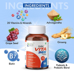 Fytika Healthcare Vita 365, Multivitamin With Probiotics Vitamin B12, Zinc, Biotin, Mineral, Ginseng & Ashwagandha, Enhances Energy, Immunity, Hair & Skin | 60 Tablets , 100gm 0.2lbs