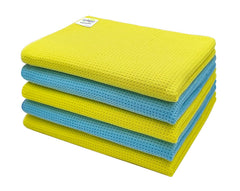 Softspun Microfiber Waffle Weave Cloths Towel 350 Gsm | Multipurpose Highly Absorbent Lintstreak Free Wash Cloth (5 Piece) -Yellow & Sky Blue