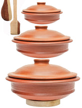 Deep Burned Uncoated Clay Pot Or Mitti Handi With Lid Combo + 2 Wooden Spatulas Complimentary Pack Of 3 - Red, 1+2+3 Liters | Pre-Seasoned Mud Pot - Unglazed, Double Fired, Hand Crafted
