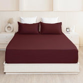 210 TC Cotton Double Bed Fitted Bedsheets With 2 Pillow Cases - 78 X 72 Inches, Maroon | Satin Stripes Wrinkle Free | Comfortable Fabric Bedsheet