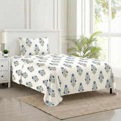 Cotton Printed Single Flat Bedsheet With 1 Pillow Cover - 60 X 100 Inches, White & Blue | Breathable & Skin Friendly Bedsheet | Ideal For Year Round Use
