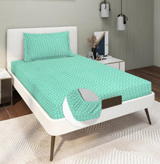 1 Single Bedsheet With 1 Pillow Cover - 48 X 72 X 8 Inches, Green & White | All Around Elastic Fitted Bedsheets | Hand Wash Or Machine Wash Warm