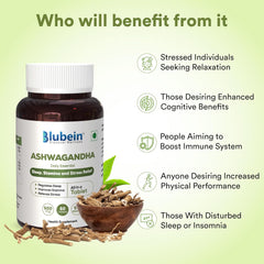 Blubein Ashwagandha Natural Stress Reliever, Enhances Physical Performance 500mg With 5% Withanolides, For Stress Relief & Anxiety Reduction | 60 Tablets 100gm 0.2lbs Each Pack Of 3