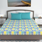 Cotton Extra Double Bedsheet For King Size With 2 Pillow Covers | 87 X 106 Inches, Blue & Yellow - Ideal For Home, Guest House, Hotel | Soft & Breathable Fabric