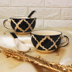 Black Moroccan Hand Painted Handled Ceramic Soup Bowls With Spoons Set Of 2, 300ml Each | Ceramic Soup Cups - 2 Pieces, Microwave Safe & Dishwasher Safe