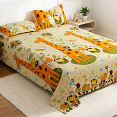 Kids Double Bed Bedsheet Set With 2 Pillow Covers - 88 X 100 Inches, Cream & Orange | Soft Bedding For Boys & Girls | Baby Animals Design