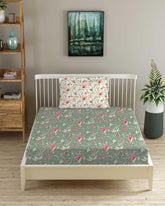1 Single Bedsheet With 1 Pillow Cover - 36 X 78 Inches, Green & White | Breathable & Skin Friendly Bedsheet | Ideal For Hotel, Guest House, Bedroom