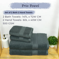 Rangoli 100% Cotton Fibre 2 Bath & 2 Hand Towel 1400 Gsm | Highly Durable & Super Absorbent Towel | Skin-Friendly & Quick Drying Luxury Towels (Grey) - Pack Of 4